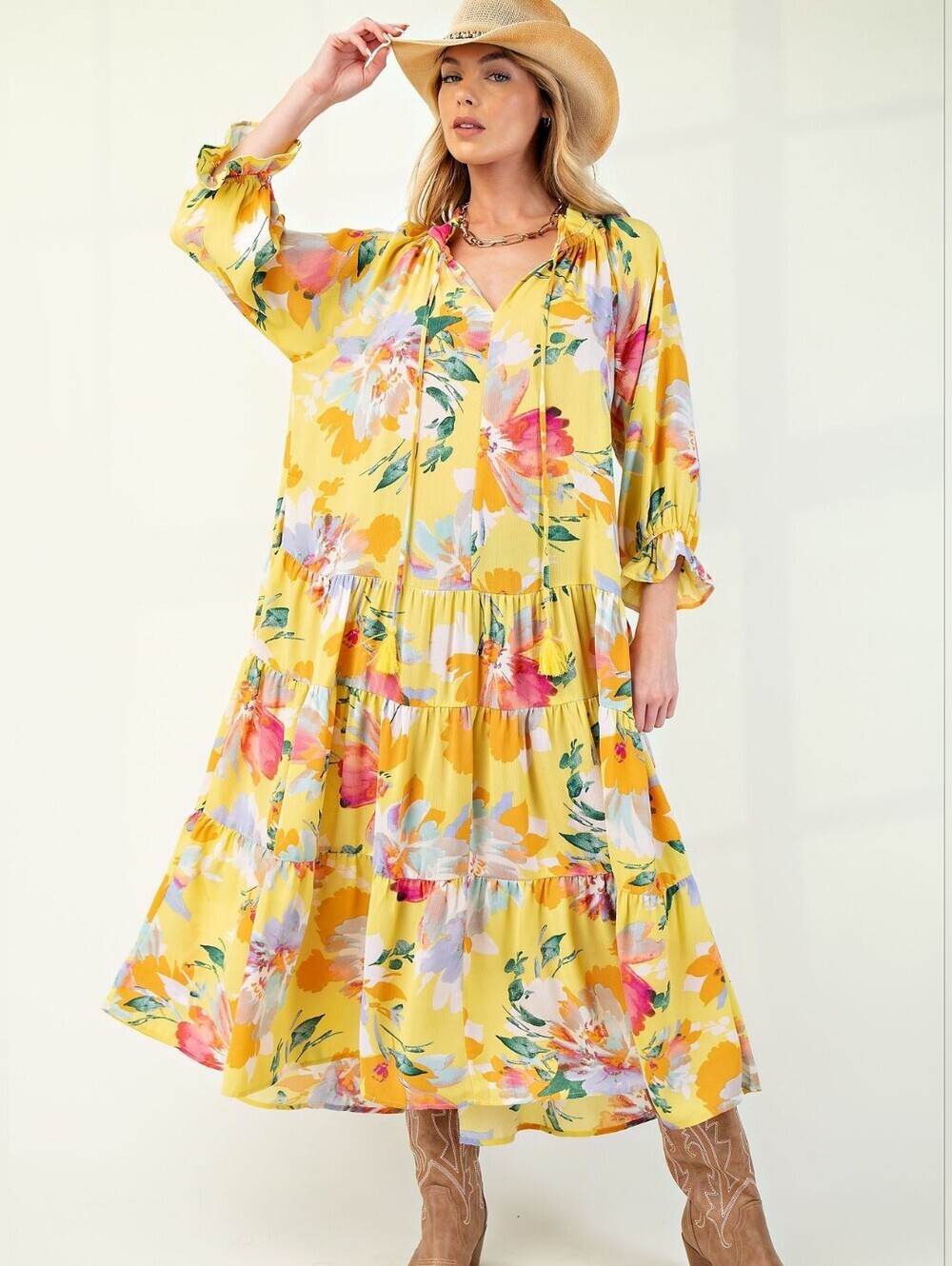 Yellow Floral Tiered Maxi Dress with Tassel V-Neck Sz Large